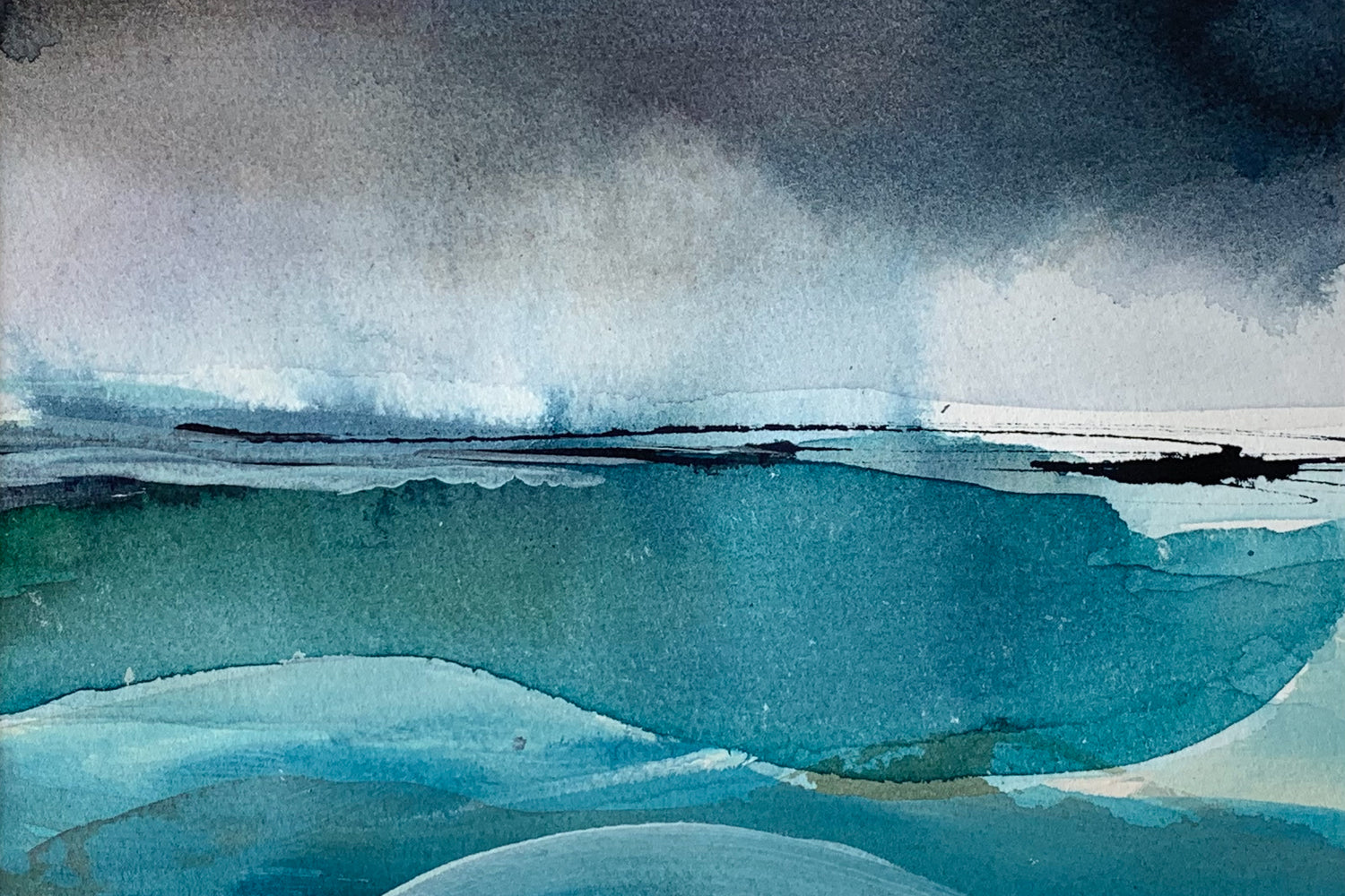 Stormy waters a painting with dark blue sky and turquoise waves.